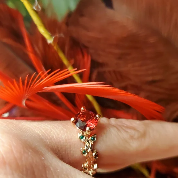 Grand Romantic Gesture Red Ruby Rose Emerald Green Leaf Gemstone 925 Golden Ring - Picture 9 of 16